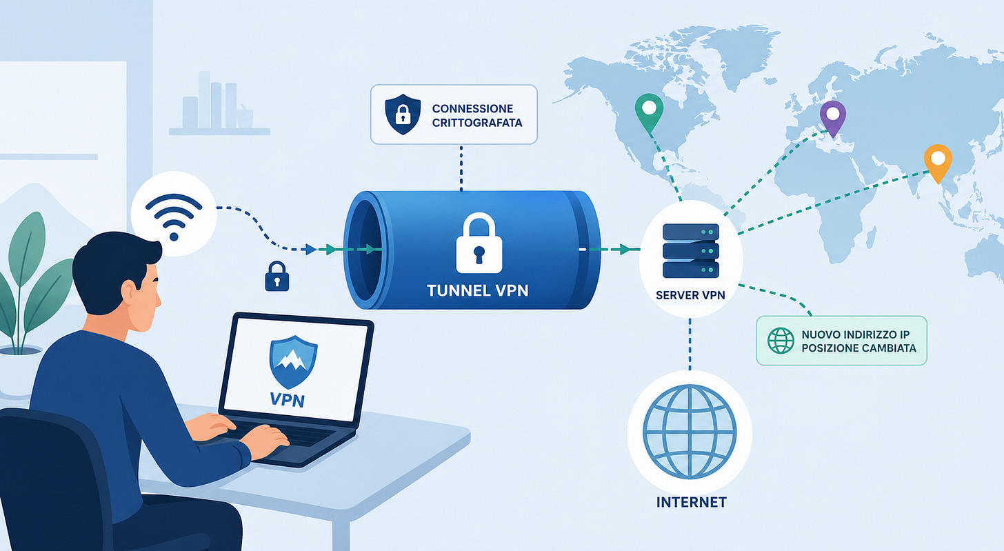 Rappresentazione visiva di una connessione Internet protetta tramite VPN con cambio di posizione geografica.