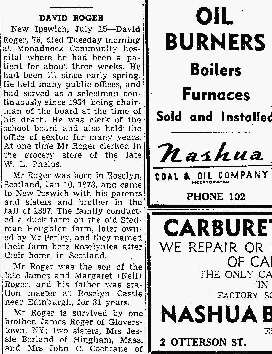 Obit for David Roger