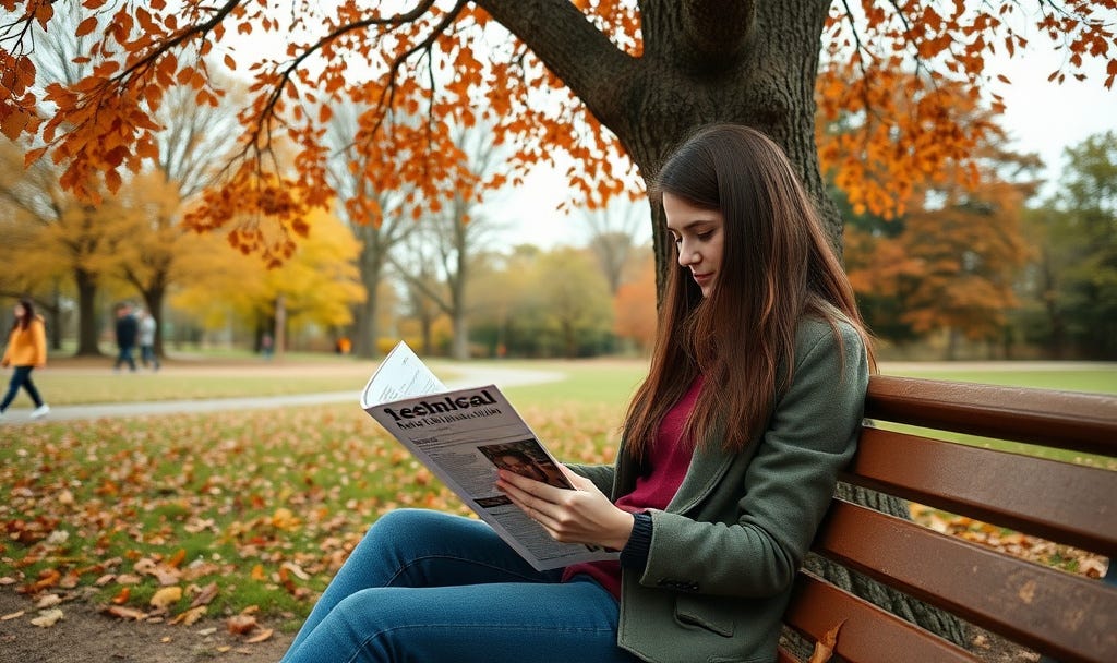 Young woman is sitting on the bench under a tree and reading a technical magazine. Leaves are turning orange and red. Autumn. Day is slightly overcast. Some people are walking around on the trails in the park in the background. (AI generated)