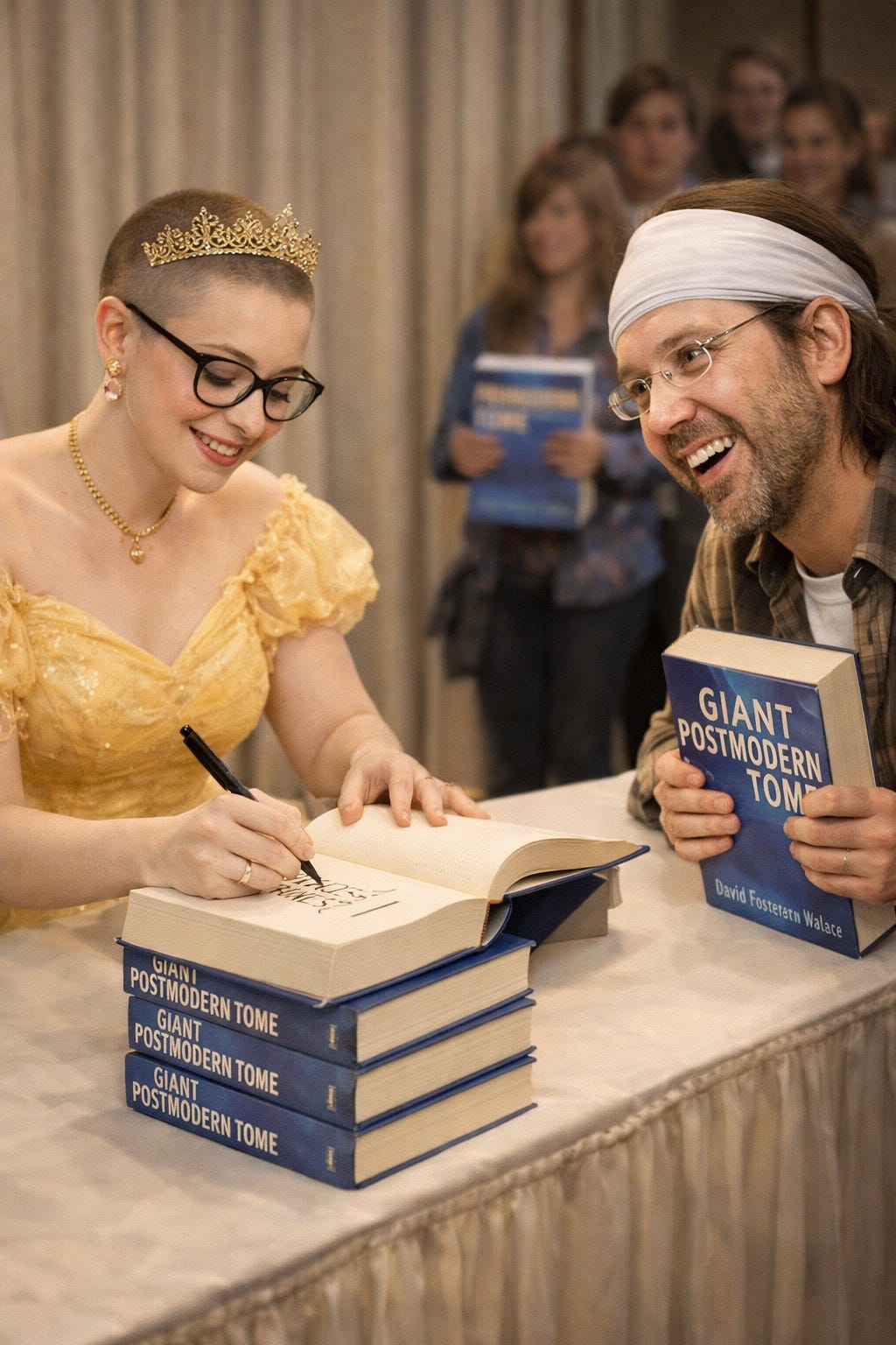 A gay princess signs her Big Postmodern Tome while David Foster Wallace looks excitedly on A gay princess signs her Big Postmodern Tome while David Foster Wallace looks excitedly on