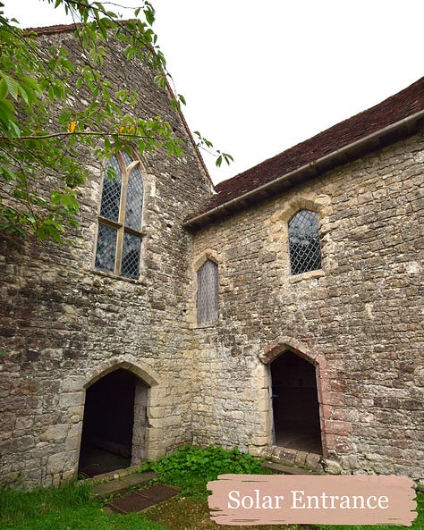 Nine pictures showing the interior of Old Soar Manor including exposed beam ceilings, original doors, a font for the chapel, and remnants of wall paintings