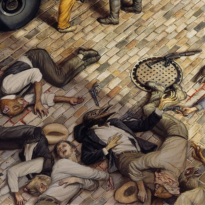 LEFT: Figure detail from KA-TET featuring an ominous high angle view focused on Eddie standing on the far side of the Ka-tet as they link arms in a circle. He wears a sky blue shirt unbuttoned to reveal a dark t-shirt beneath. The metal buckle of his gun belt shows just below the waist of his jeans. His smile is dimpled, warm and sincere in the company of his friends.  RIGHT: Detail from KA-TET featuring the corpses of Vampires and Low Men lying on the earth-toned street. Blood dots the foreheads of most, running bright red in the channel between bricks. Can-Toi heads atop human bodies represent a variety of animals (mole, rat, hawk). A rodent visage emerges from human mask on one corpse. A variety of guns, ranging from revolvers and semi-automatic pistols to a combat shotgun, lay discarded.