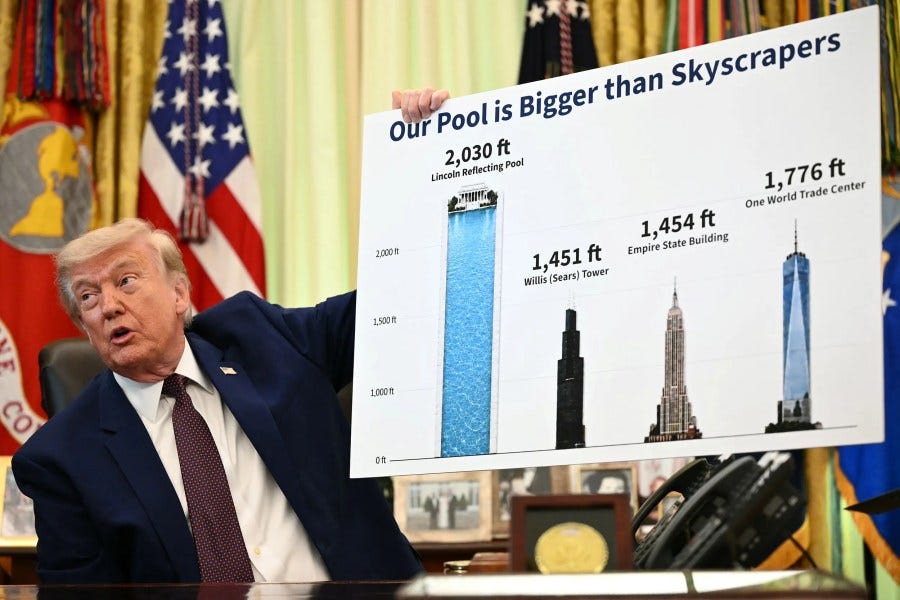 President Donald Trump holds a chart showing that the Reflecting Pool on the National Mall is taller than skyscrapers as he speaks to the press.