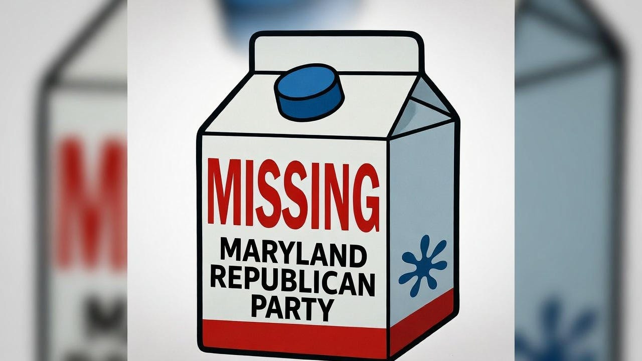A cartoon milk carton labeled with the Maryland Republican Party as missing, in a humorous political satire style.
