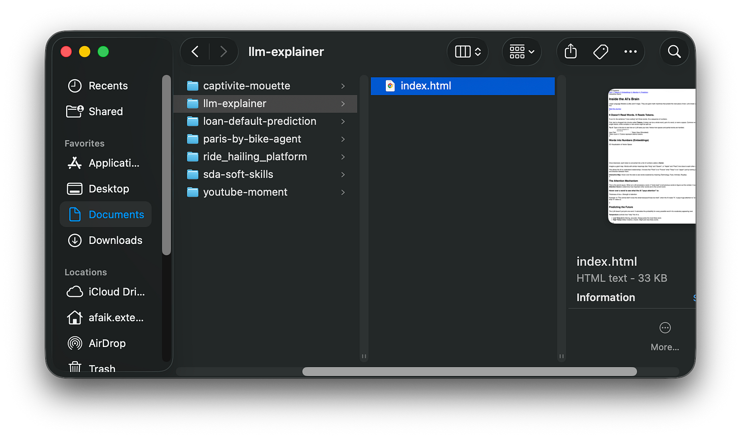 MacOS Finder window showing the "llm-explainer" folder containing the "index.html" file.