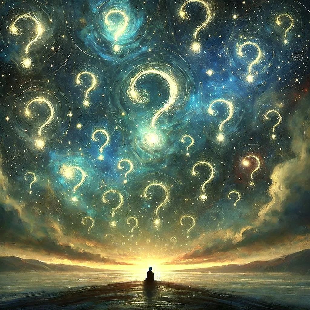 Van Gogh's Starry Night reimagined with questions in the sky