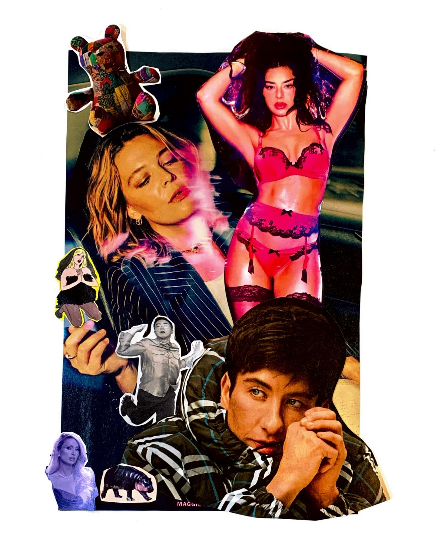 A collage featuring images of Maggie Rogers, Charli xcx, Bowen Yang, Barry Keoghan, Sabrina Carpenter, Paris Hilton, Moo Deng the pygmy hippo, and a quilted teddy bear