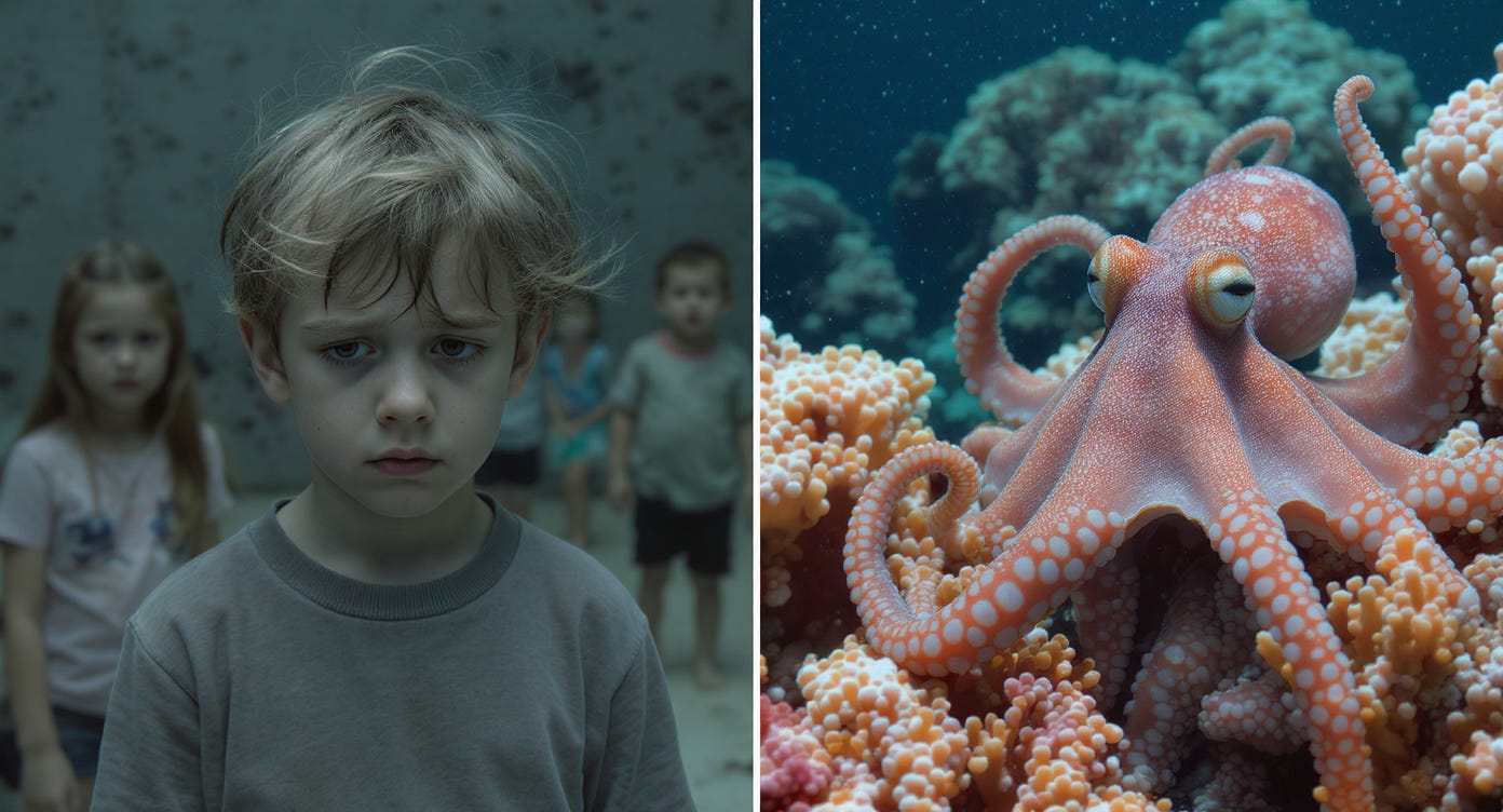 Child feeling different from peers, octopus seamlessly adapting to environment