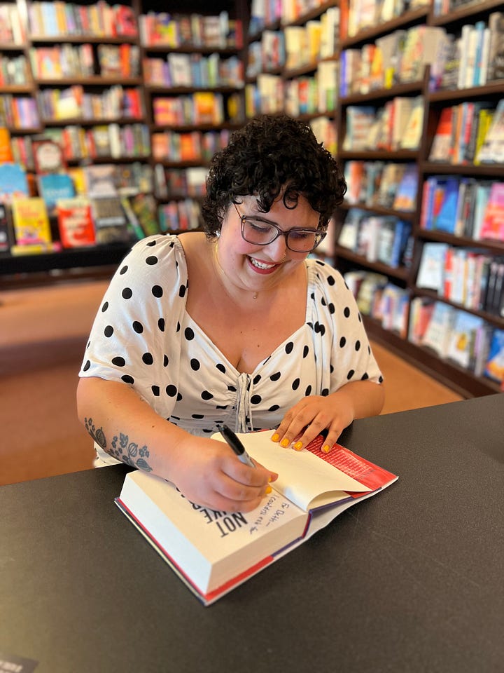 1. Meredith Adamo signing her book, 2. authors staning with Meredith, 3. Meredith on stage with Sarah Dessen, 4. authors waiting in the audience with their copies of the book