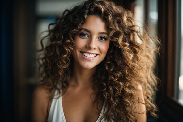 Gorgeous blue eyed long curly haired woman with a bright wide smile.