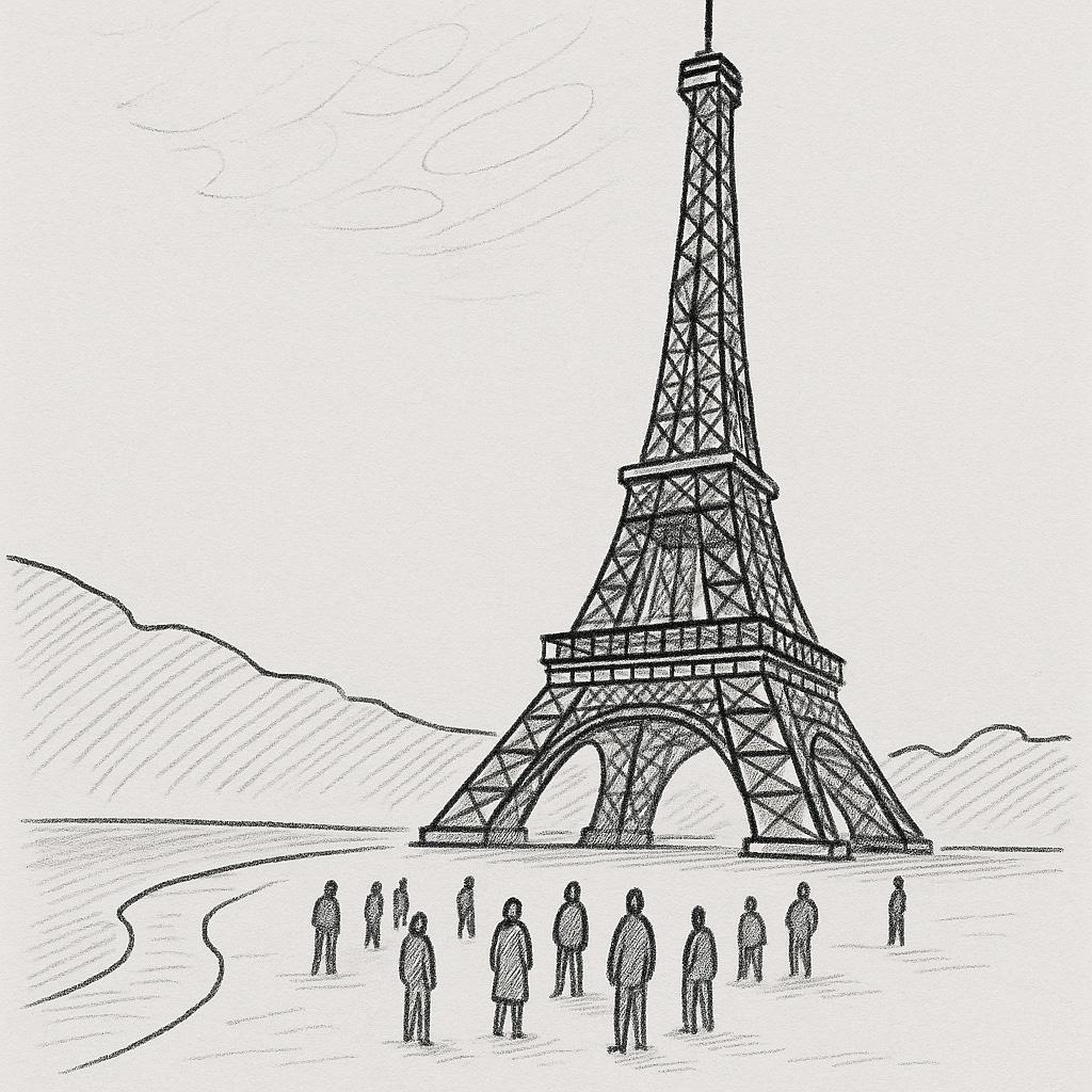 Pencil sketch of a tall lattice tower rising from open ground. Several small human figures stand in clusters near the base, looking upward. The scene conveys quiet observation and admiration of the structure