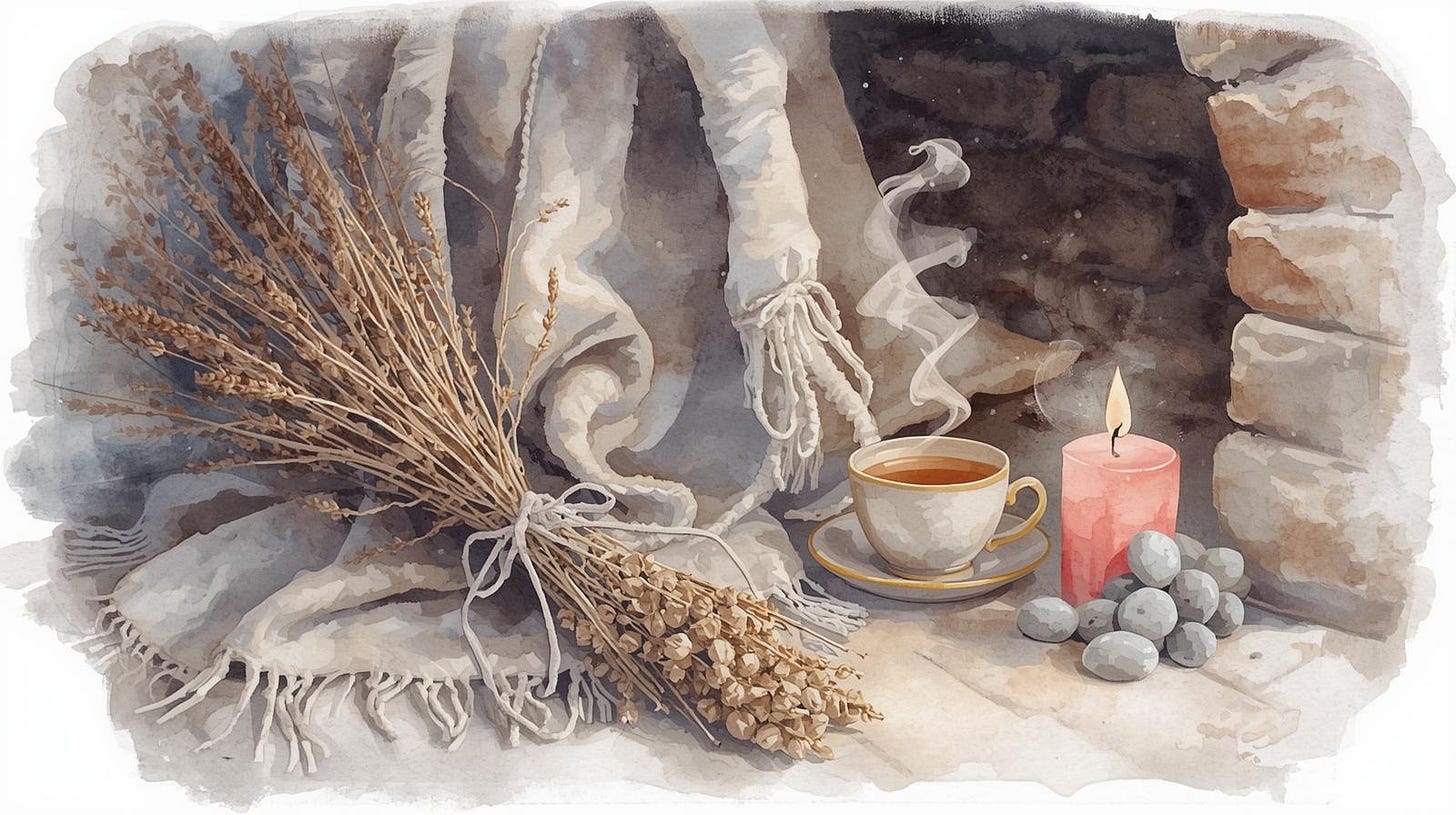 Watercolor image of a cozy corner with a blanket, tea, herbs, and a pink candle creating a warm winter mood.