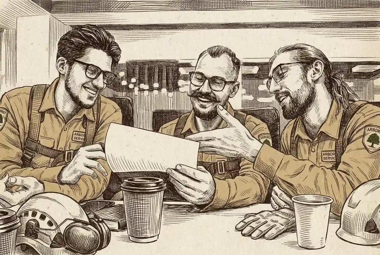 arbor service technicians congratulate workmate on certification