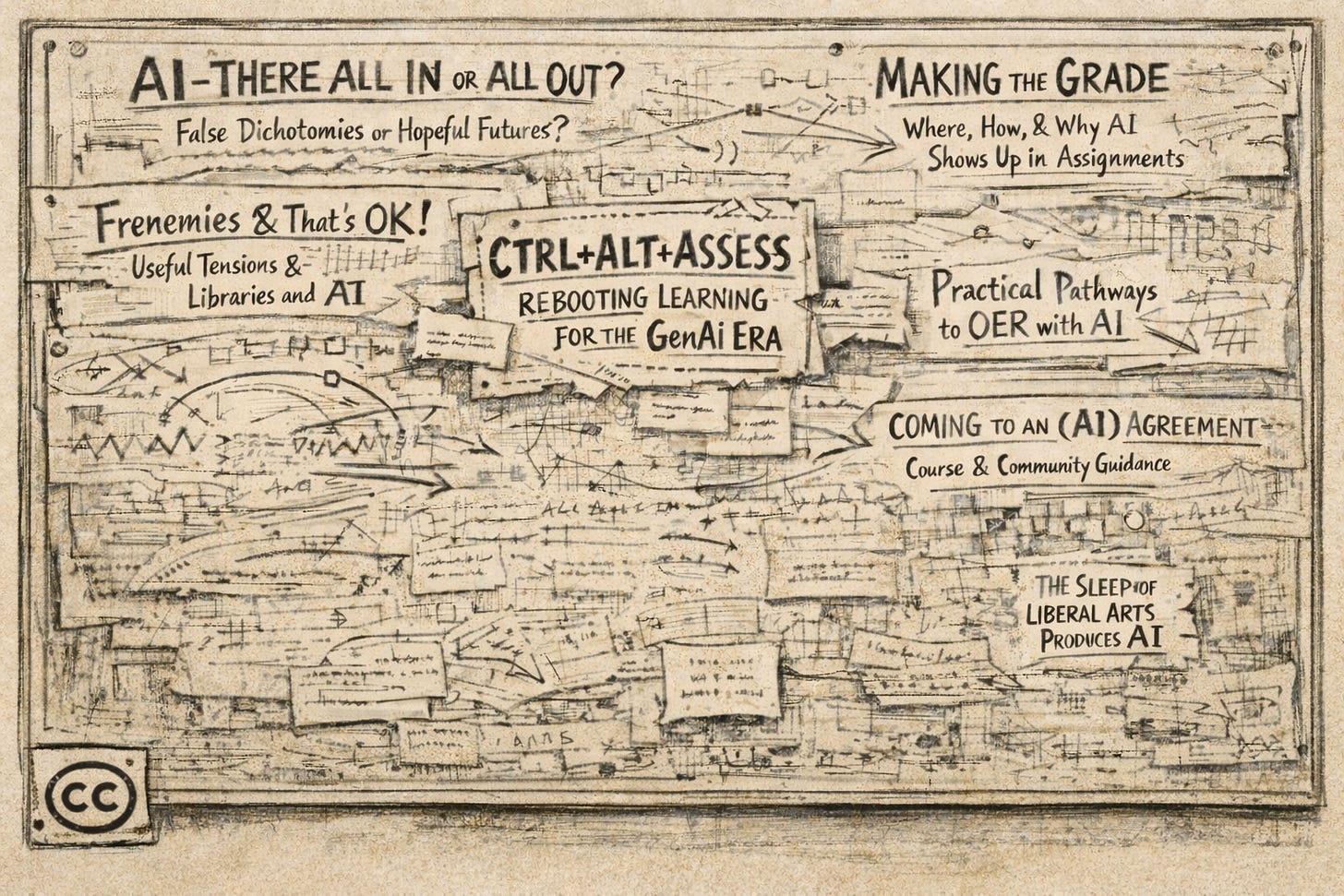 A sepia-toned, pen-and-ink editorial illustration shows a large wall-sized academic document covered in layered revisions and debate. Hand-lettered headings—such as “AI—There All In or All Out?”, “Ctrl+Alt+Assess: Rebooting Learning for the GenAI Era,” “Making the Grade,” and “Practical Pathways to OER with AI”—overlap with ghosted earlier titles, crossed-out lines, arrows, diagrams, and marginal notes. The surface reads as a palimpsest: pasted slips, torn edges, and partially erased markings reveal multiple stages of argument and revision rather than a finished product. Irregular, repetitive annotation marks suggest AI-generated analysis being tested and corrected, contrasting with more deliberate human edits implied through underlines and rewrites. A worn Creative Commons symbol appears stamped in the lower corner, signaling openness and reuse. The overall tone is scholarly, contested, and collaborative, emphasizing ongoing intellectual work rather than resolution. A sepia-toned, pen-and-ink editorial illustration shows a large wall-sized academic document covered in layered revisions and debate. Hand-lettered headings—such as “AI—There All In or All Out?”, “Ctrl+Alt+Assess: Rebooting Learning for the GenAI Era,” “Making the Grade,” and “Practical Pathways to OER with AI”—overlap with ghosted earlier titles, crossed-out lines, arrows, diagrams, and marginal notes. The surface reads as a palimpsest: pasted slips, torn edges, and partially erased markings reveal multiple stages of argument and revision rather than a finished product. Irregular, repetitive annotation marks suggest AI-generated analysis being tested and corrected, contrasting with more deliberate human edits implied through underlines and rewrites. A worn Creative Commons symbol appears stamped in the lower corner, signaling openness and reuse. The overall tone is scholarly, contested, and collaborative, emphasizing ongoing intellectual work rather than resolution.