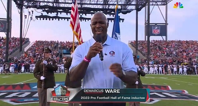 DeMarcus Ware performs National Anthem before his own Hall of Fame  enshrinement in touching tribute to Demaryius Thomas - but fans are divided  over his rendition | Daily Mail Online