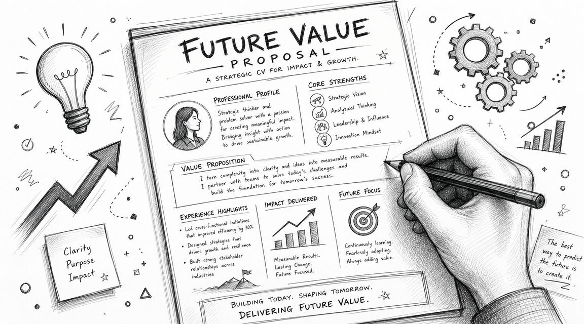 A hand sketching a professional future value proposal document with career planning icons and strategic growth notes. A hand sketching a professional future value proposal document with career planning icons and strategic growth notes.