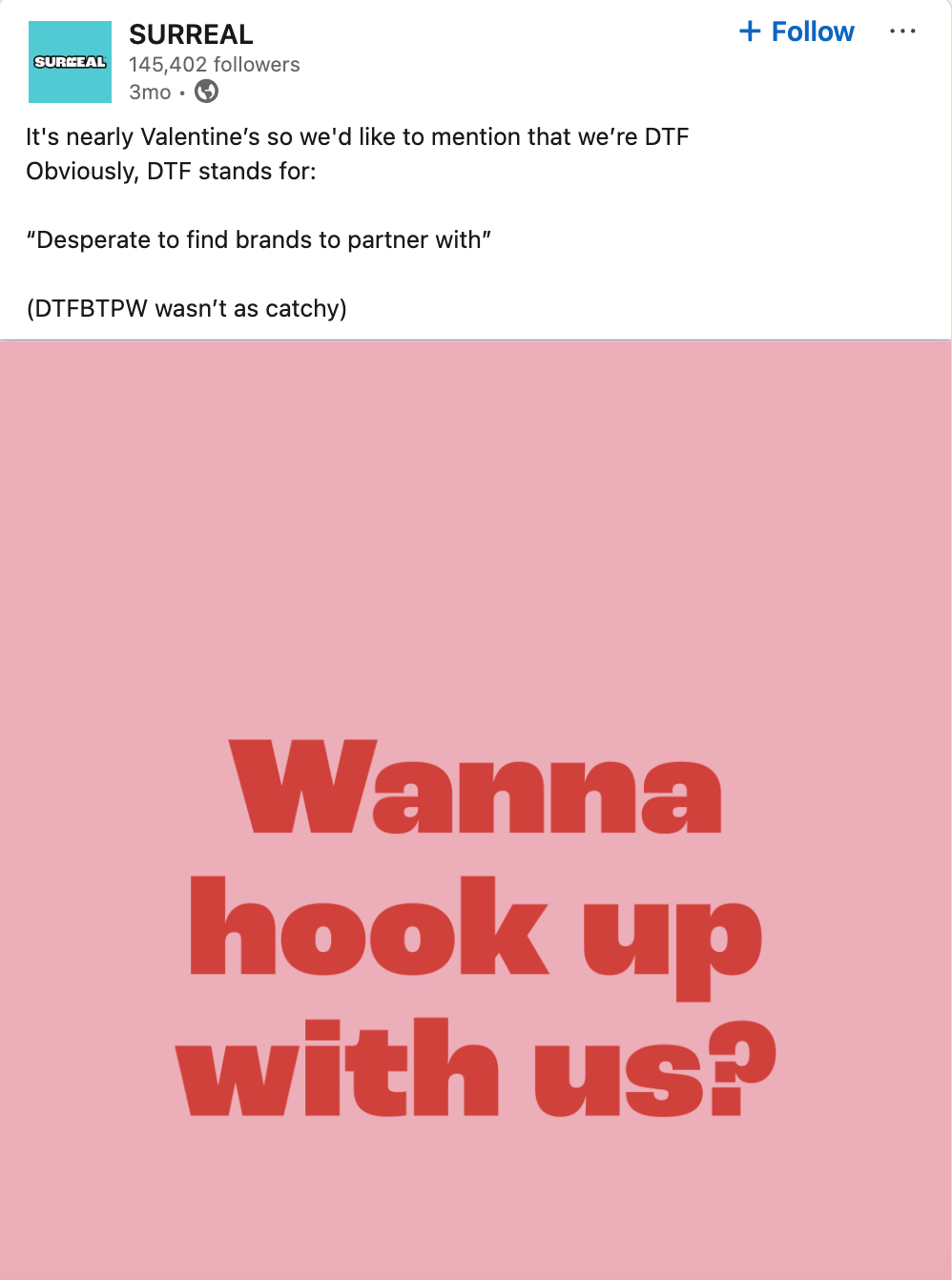A LinkedIn carousel from SURREAL. The first slide reads "Wanna hook up?" The post is about finding brand partners.
