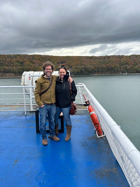 Photo 1: Kirby's hand on a birch tree. Photo 2: A fall hydrengea patch. Photo 3: Cory & Jessica on a ferry.