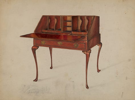 Een poster voor een expositie van de Index of American Design (1936) en drie van de werken uit die tijd. Met de klok mee: een ladekast, door Ferdinand Cartier; een oorbel, door Tulita Westfall; een geweven sprei, door Gladys C. Parker.