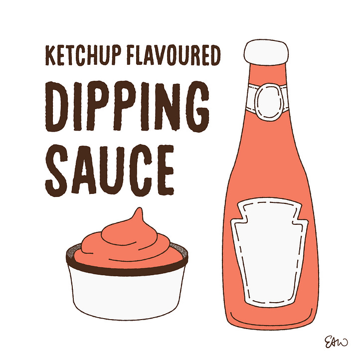 Spot illustration showing ketchup flavoured dippping sauce, a fresh coffee aroma diffuser, sprinkles made with salt & pepper, and a hand mixer.