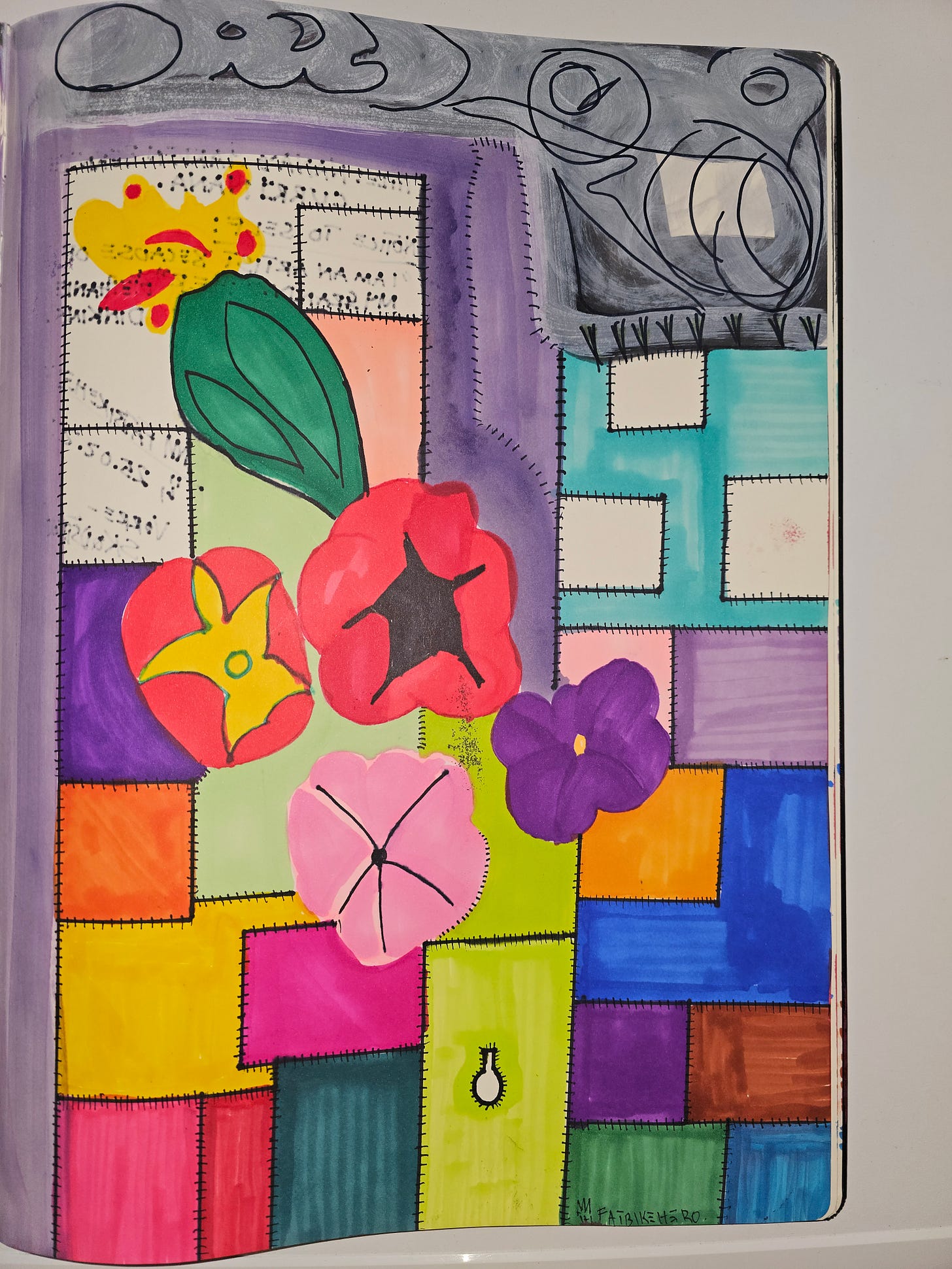 Human-made mixed media artwork on A5 paper showing magnolia-like flowers interwoven into a modular apartment façade, with patchwork color blocks outlined in black seams and cloud-like forms above.