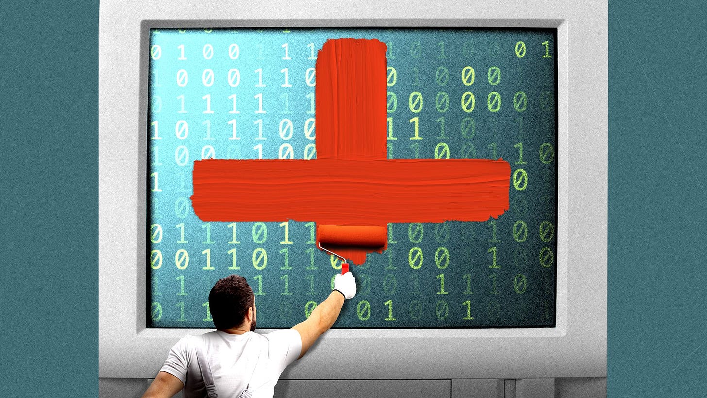 Illustration of a small painter painting a red cross on a computer screen with binary code Illustration of a small painter painting a red cross on a computer screen with binary code