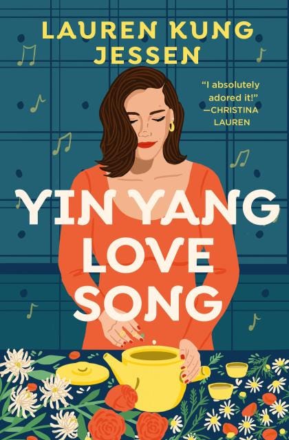 Cover of Yin Yang Love Song by Lauren Kung Jessen showing an illustration of an Asian woman preparing herbal remedies at a counter, with musical notes around her head