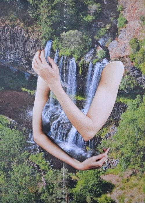 This may contain: a woman holding her hands up in front of a waterfall with the caption for i love me, accept and embrace