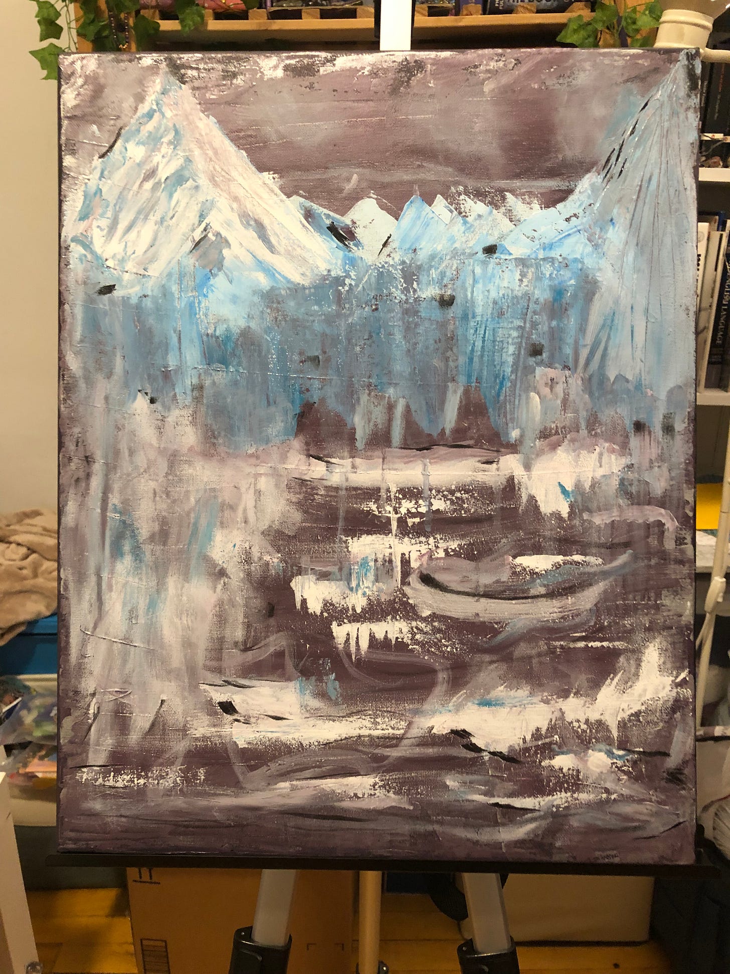 An abstract landscape on canvas, portrait style. The background is a dark purple, and there is a series of white mountains of varying heights across the canvas. There are many white, black, and blue gestural marks throughout the painting.