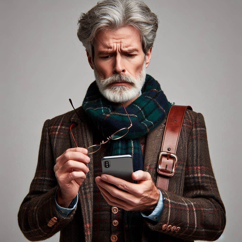 a 65-year-old scottish man confused about something on his phone