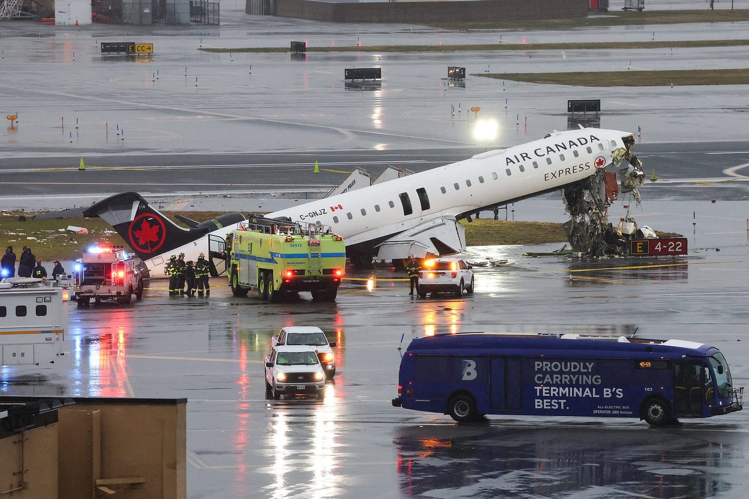 An Air Canada Express CRJ-900 sits on the runway after colliding with a Port Authority fire truck at LaGuardia Airport in New York, on March 23, 2026. An Air Canada Express CRJ-900 sits on the runway after colliding with a Port Authority fire truck at LaGuardia Airport in New York, on March 23, 2026.