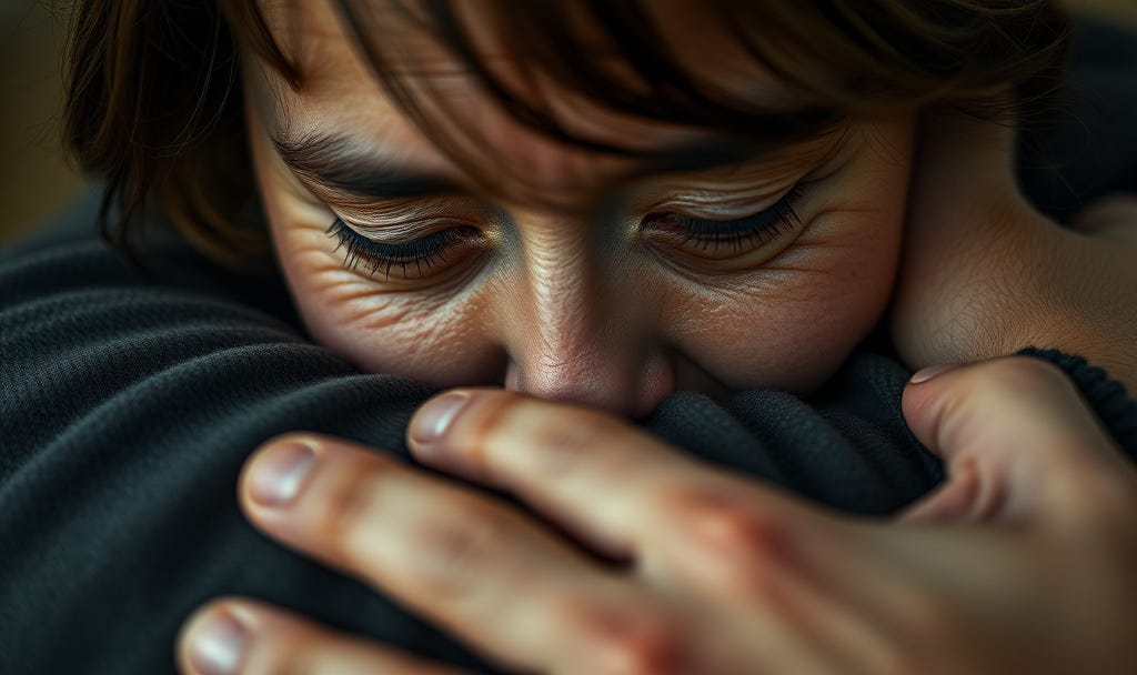 Extreme close-up of a person (40s–60s) with tears in their eyes, mid-embrace with someone whose face we can’t see — but we see the hug is fierce, real, messy. In the blurred background: faint ghosted outlines of robotic arms or server racks. The tear is the focal point. One tear, perfectly caught.