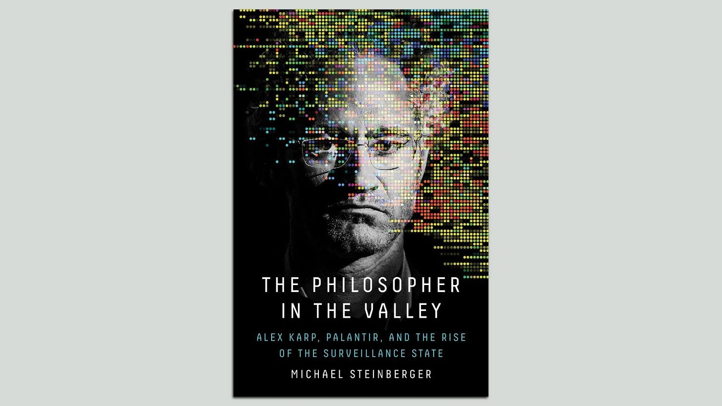 Book cover showing a man's face with glasses in grayscale, overlaid with colorful dots and lines. Title reads "The Philosopher in the Valley" by Michael Steinberger.