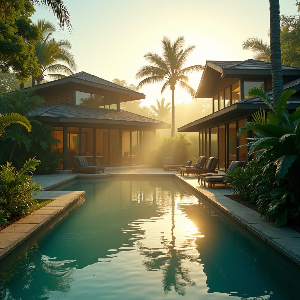 A sleek, modern Jamaican glass home with four luxurious swimming pools, set amidst lush tropical surroundings