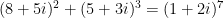 (8+5 i)^{2}+(5+3 i)^{3}=(1+2 i)^{7}
