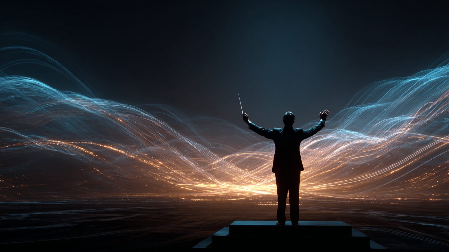 Silhouette of an orchestra conductor with raised baton, facing a glowing digital landscape of flowing data streams instead of traditional musicians.