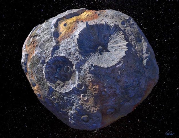 Artist’s concept of the asteroid 16 Psyche, which is said by some to have substantial gold deposits. Artist’s concept of the asteroid 16 Psyche, which is said by some to have substantial gold deposits.