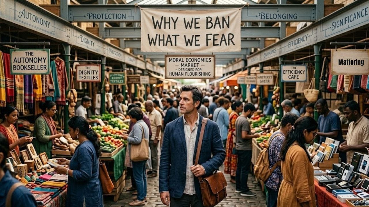 This visual places the person—the pensive leader or wayfinder—standing in the middle of a complex, open-air structure. The environment looks less like a grocery market and more like a "market of choices," representing your concepts of Moral Economics and Invisible Architecture. Overhead, a massive, slightly worn canvas banner is stretched,Made of simple cloth, it’s not branded; it has handwritten text in a clear, bold style: "WHY WE BAN WHAT WE FEAR." It is not about selling things; it is about allocating mattering. The man is surrounded by a diverse crowd of other people (a "Mattering Economy"), and his index finger is pointing toward the text on the banner above him, caught in a moment of pensive, system-level analysis This visual places the person—the pensive leader or wayfinder—standing in the middle of a complex, open-air structure. The environment looks less like a grocery market and more like a "market of choices," representing your concepts of Moral Economics and Invisible Architecture. Overhead, a massive, slightly worn canvas banner is stretched,Made of simple cloth, it’s not branded; it has handwritten text in a clear, bold style: "WHY WE BAN WHAT WE FEAR." It is not about selling things; it is about allocating mattering. The man is surrounded by a diverse crowd of other people (a "Mattering Economy"), and his index finger is pointing toward the text on the banner above him, caught in a moment of pensive, system-level analysis