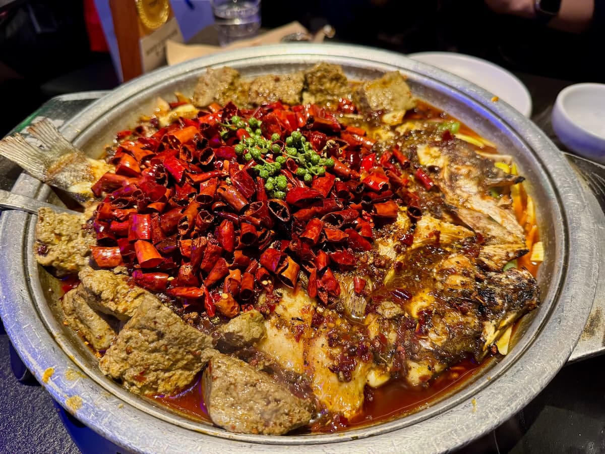 Sea bass buried under dried chillies and green Sichuan peppercorns at 烤匠麻辣烤鱼, Chongqing. November 2025.