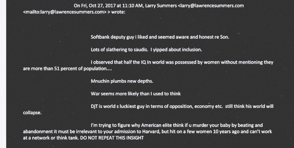 Screenshot of a 2017 email exchange that includes a message from Larry Summers stating that “half the IQ in world was possessed by women,” referencing women’s share of the global population.
