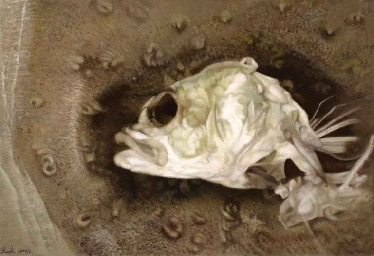 A painting of a fish skeleton with a detailed skull lies in textured brown sand, creating an eerie and introspective atmosphere of nature's cycle. A painting of a fish skeleton with a detailed skull lies in textured brown sand, creating an eerie and introspective atmosphere of nature's cycle.