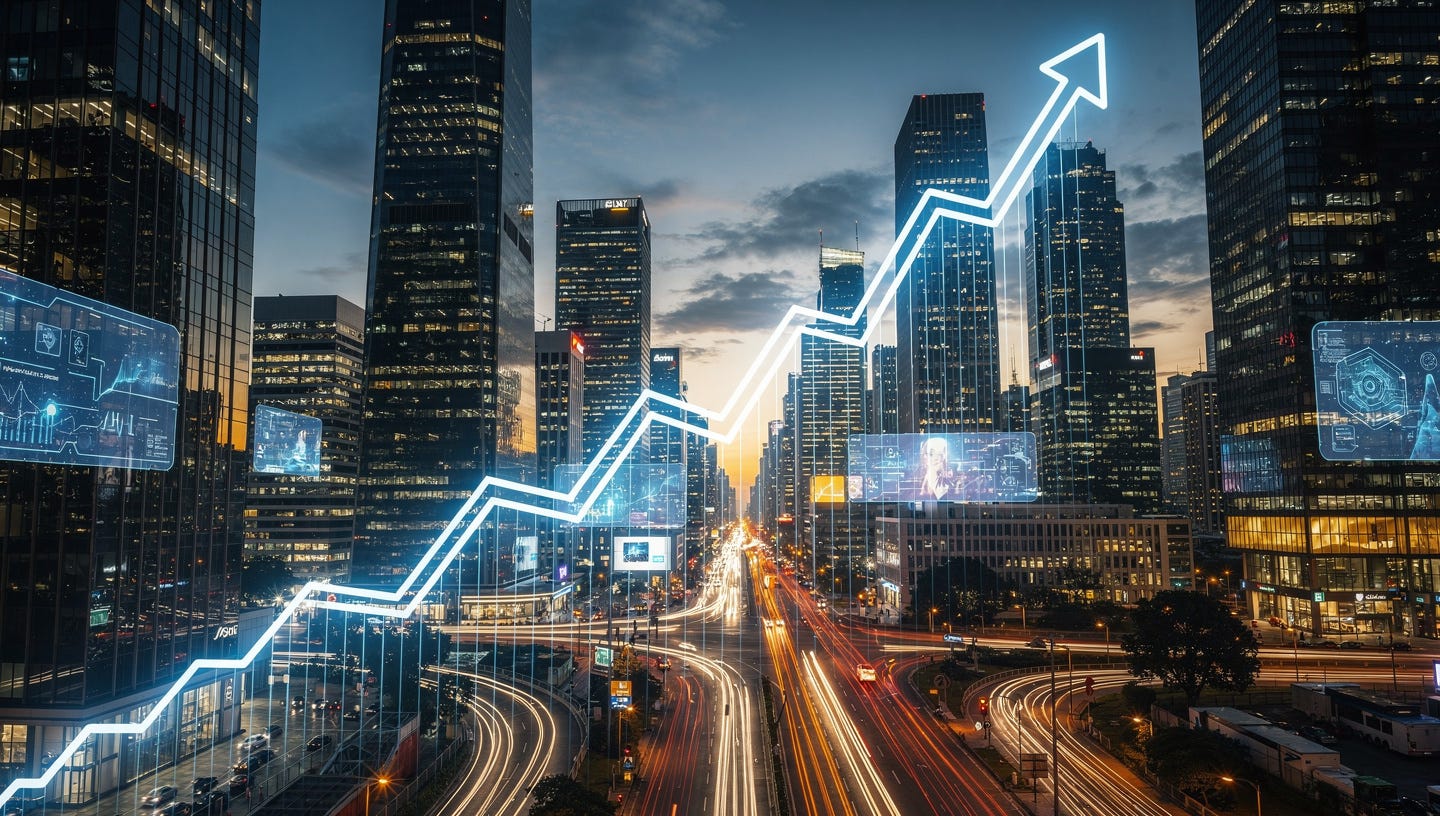 A glowing digital financial graph line ascending upwards through a futuristic modern city skyline at dusk, long exposure light trails, conveying growth and economic progress, wide angle, hyper-realistic, architectural photography style, blue and gold color palette --ar 16:9