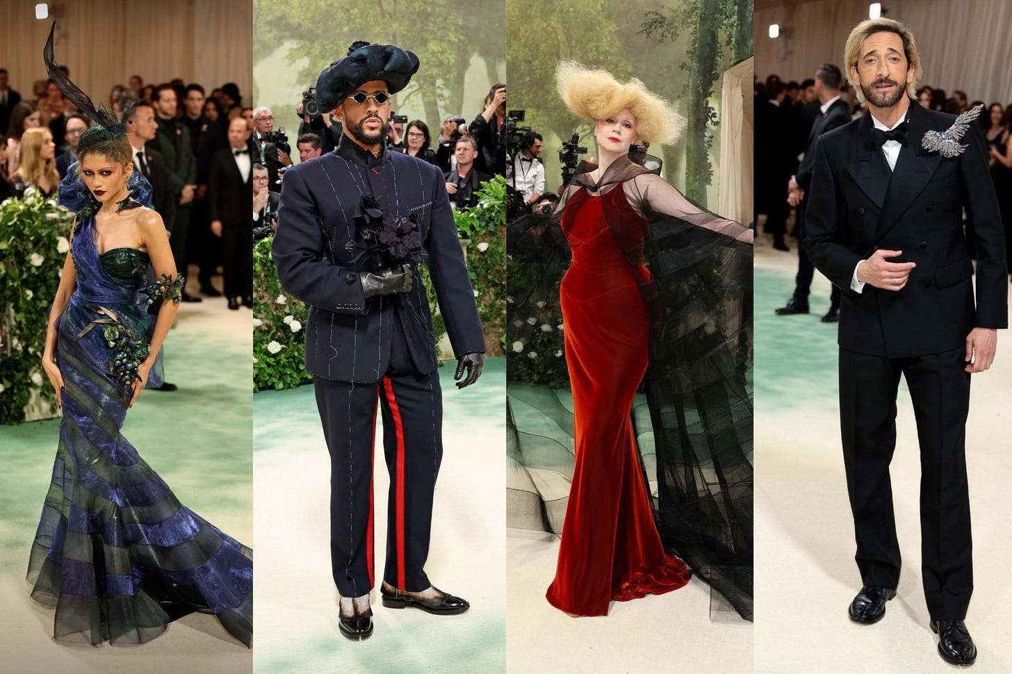 Zendaya, Bad Bunny, Gwendoline Christie and Adrien Brody wearing Maison Margiela by John Galliano at the Met Gala 2024