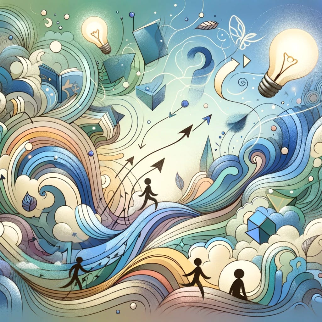Redesign the abstract cartoon image to visualize the concept of learner motivation with a more subdued color palette. This time, use soft, calming colors like pastel blues, greens, and purples to represent a serene and contemplative approach to learning. The scene remains dynamic and flowing, but the overall effect is more gentle and reflective. Abstract figures and symbols, such as light bulbs for ideas and open books for knowledge, are still present, but they merge more subtly with the background. Upward arrows and swirling patterns indicate growth and progress, but with a softer, more soothing energy that invites viewers to engage in the learning journey with mindfulness and persistence.
