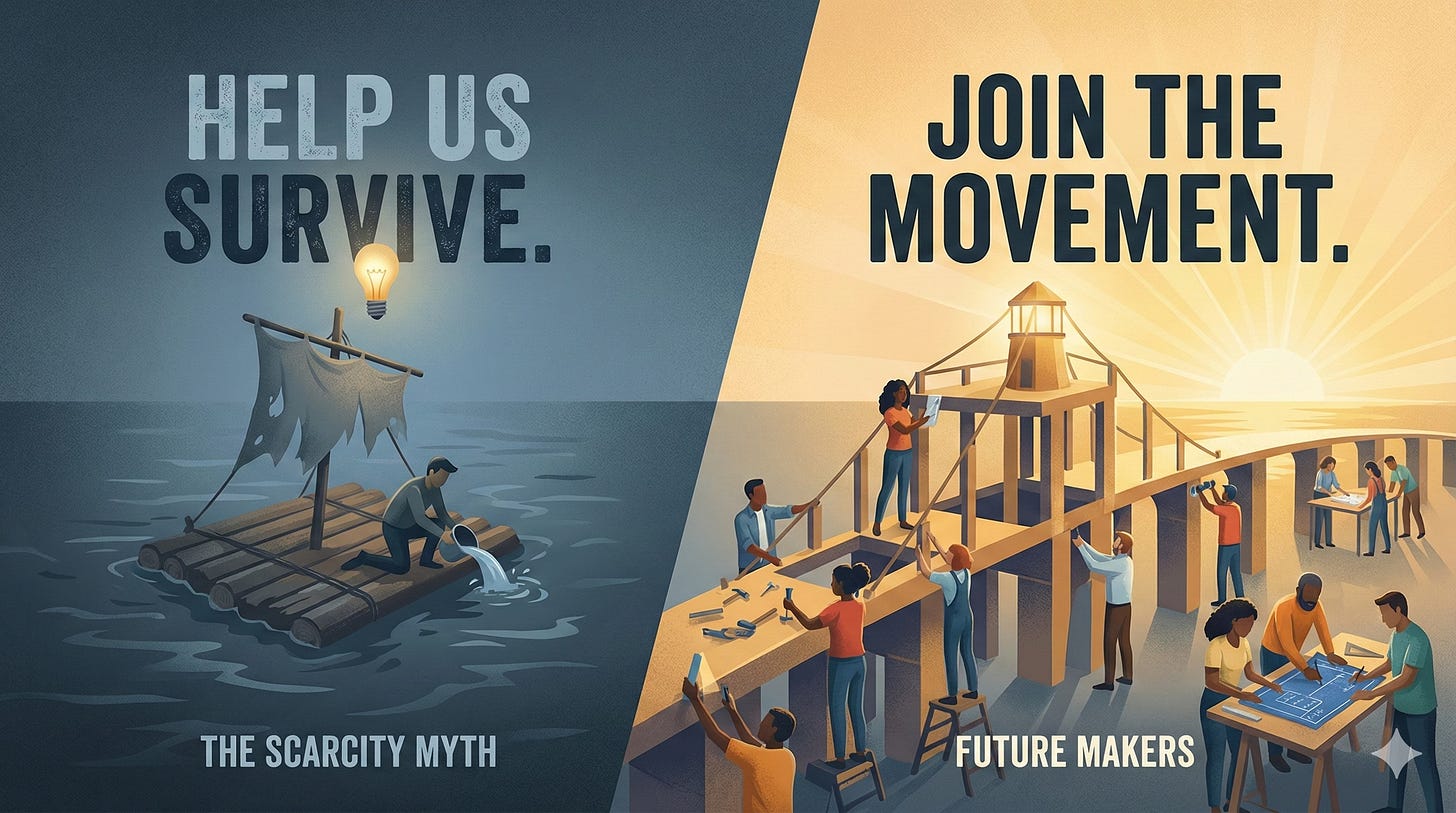 A split-screen digital illustration contrasting two fundraising mindsets. On the left, labeled "The Scarcity Myth," a lone figure bails water from a sinking raft in the dark under the text "Help Us Survive." On the right, labeled "Future Makers," a diverse group of people collaborates to build a sturdy bridge at sunrise under the text "Join the Movement." A split-screen digital illustration contrasting two fundraising mindsets. On the left, labeled "The Scarcity Myth," a lone figure bails water from a sinking raft in the dark under the text "Help Us Survive." On the right, labeled "Future Makers," a diverse group of people collaborates to build a sturdy bridge at sunrise under the text "Join the Movement."