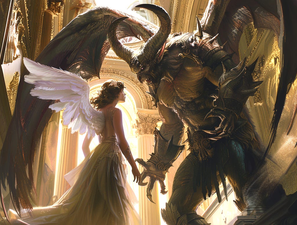 An angel and a demon confront each other inside the halls of a palace