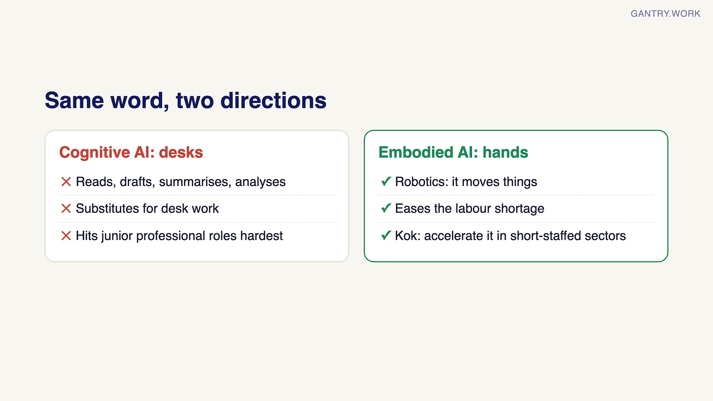 Cognitive versus embodied AI. Cognitive AI, desks: reads, drafts, summarises and analyses; substitutes for desk work; hits junior professional roles hardest. Embodied AI, hands: robotics that moves things; eases the labour shortage; Kok argues to accelerate it in short-staffed sectors