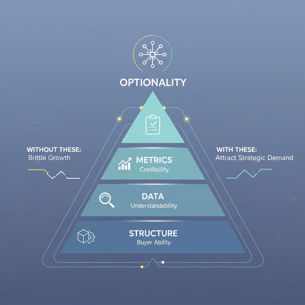 Diagram showing a three-layer pyramid of optionality: structure at the base (buyer ability), data in the middle (understandability), and metrics at the top (credibility), illustrating how clean structure, reliable data, and consistent metrics create strategic demand and prevent brittle growth.