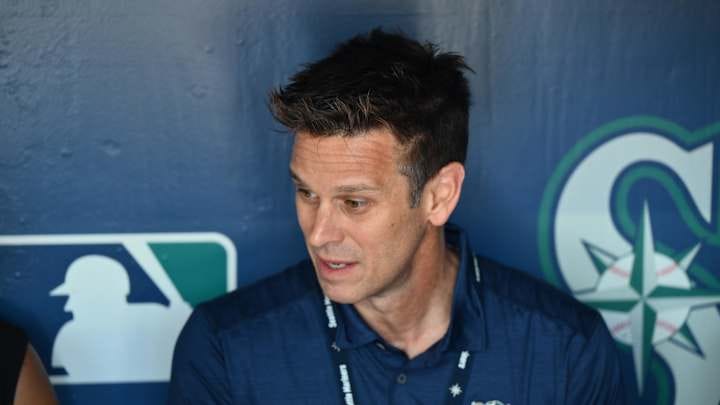 Aug 1, 2023; Seattle, Washington, USA; Seattle Mariners President of Baseball Operations Jerry Dipoto talks with the media prior to the game against the Boston Red Sox at T-Mobile Park. Mandatory Credit: Steven Bisig-Imagn Images