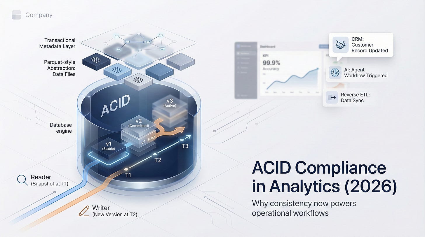 Modern B2B hero image illustrating ACID compliance in analytics platforms, showing transactional metadata layer, MVCC snapshot isolation, and concurrent read/write operations powering operational analytics workflows in 2026. Modern B2B hero image illustrating ACID compliance in analytics platforms, showing transactional metadata layer, MVCC snapshot isolation, and concurrent read/write operations powering operational analytics workflows in 2026.